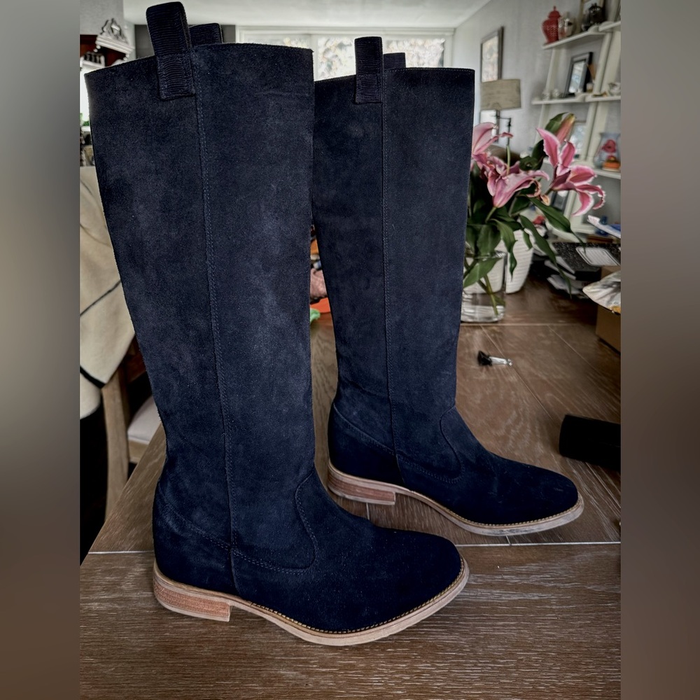 Anthropologie knee high navy suede boots- 2 pics are the same boot in black